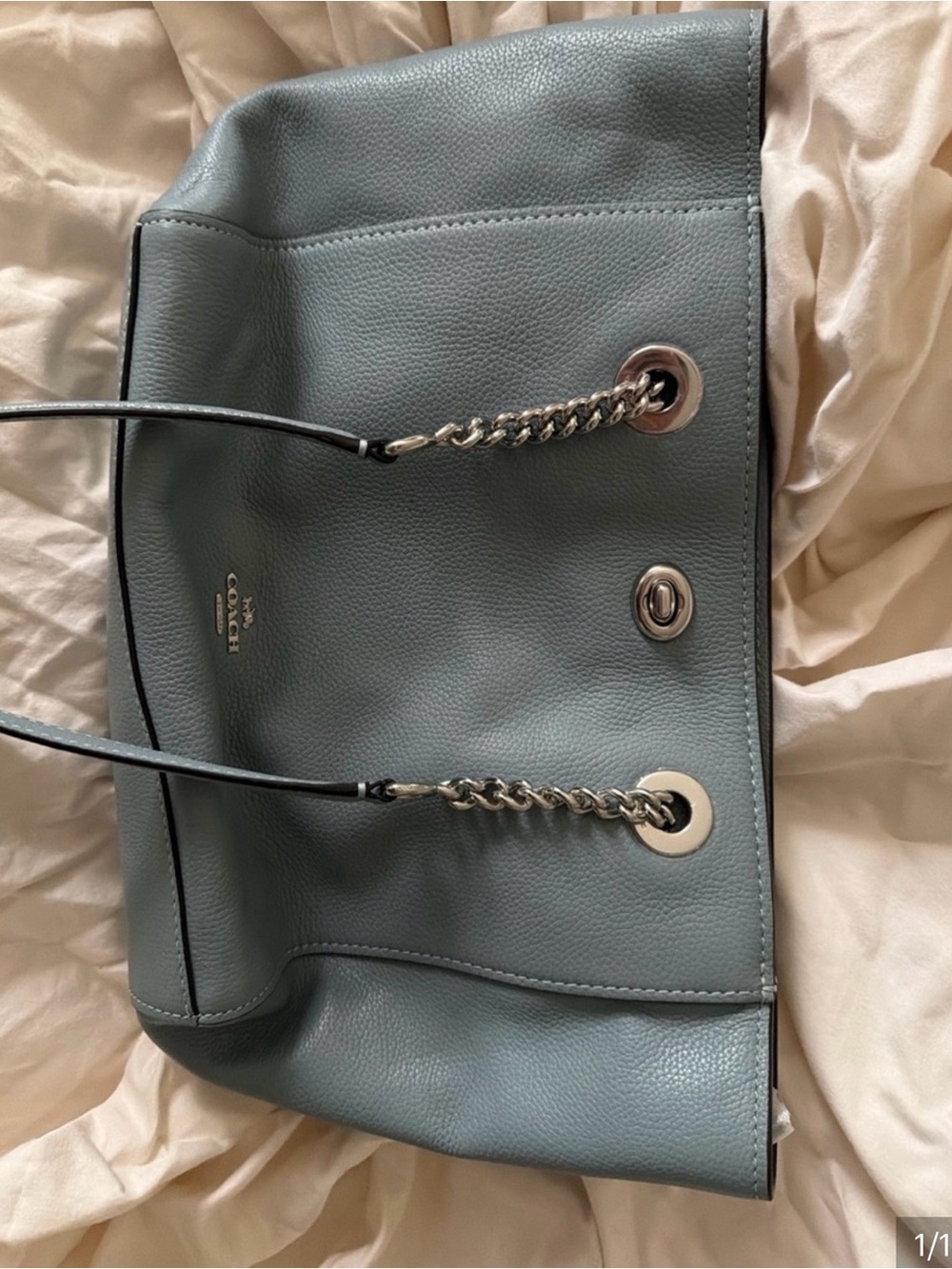 Coach Pebbled Leather Tote in Dusty Teal with Silver Chain Straps